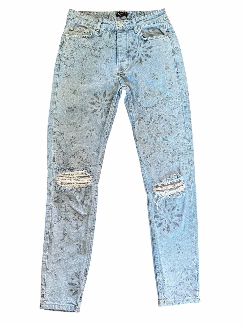 🌟Boohoo MAN Light Blue Bandana Print Distressed Skinny Jeans Streetwear Y2K